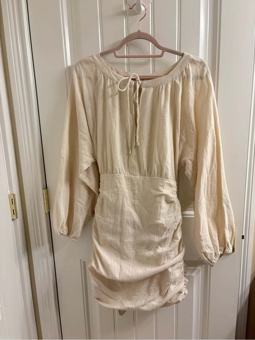 Free People The Only One Mini Dress Cream Gauze Beachy Long Sleeve Tie Waist S